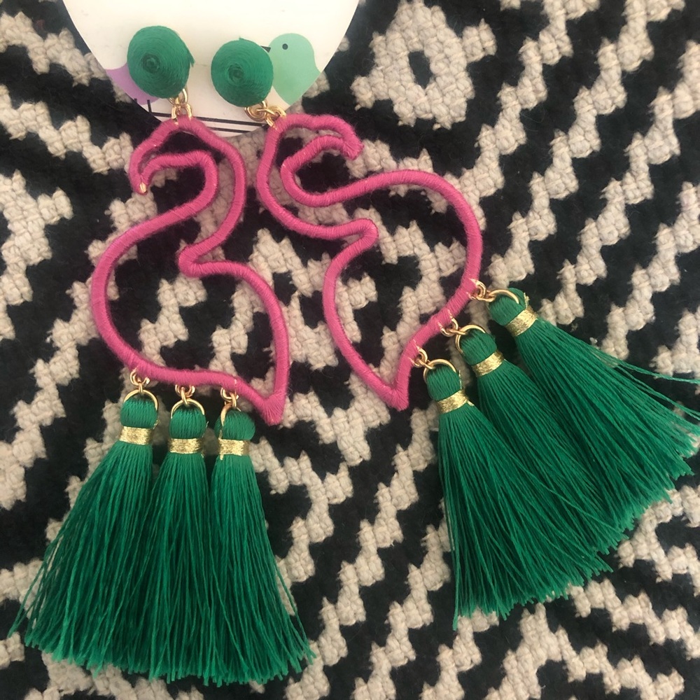 Pink Flamingo & Green Tassel Earrings